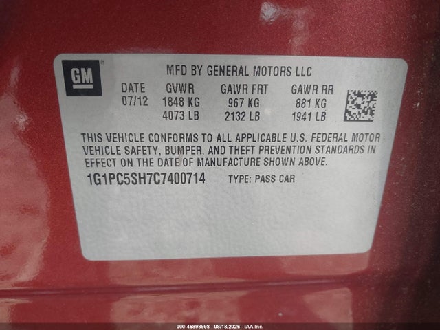 45898998 :رقم المزاد ، 1G1PC5SH7C7400714 vin ، 2012 Chevrolet Cruze Ls مزاد بيع