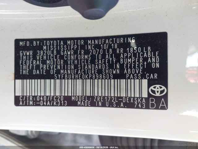 5YFBURHE0KP898609 Toyota COROLLA SE