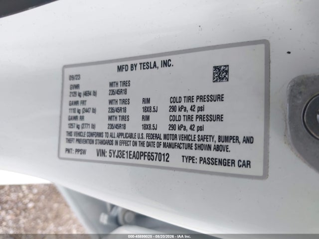 Продажа на аукционе авто 2023 Tesla Model 3 Rear-wheel Drive, vin: 5YJ3E1EA0PF657012, номер лота: 45899025
