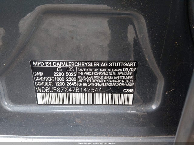 45899042 :رقم المزاد ، WDBUF87X47B142544 vin ، 2007 Mercedes-benz E 350 4matic مزاد بيع