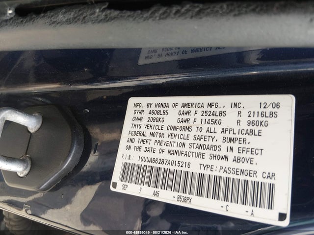 2007 Acura Tl 3.2 მანქანა იყიდება აუქციონზე, vin: 19UUA66287A015216, აუქციონის ნომერი: 45899049