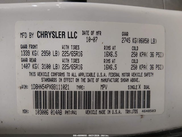 45899055 :رقم المزاد ، 1D8HN54PX8B111021 vin ، 2008 Dodge Grand Caravan Sxt مزاد بيع