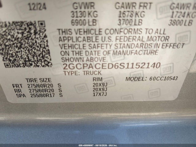 2025 Chevrolet Silverado 1500 2wd  Short Bed Lt მანქანა იყიდება აუქციონზე, vin: 2GCPACED6S1152140, აუქციონის ნომერი: 45899067