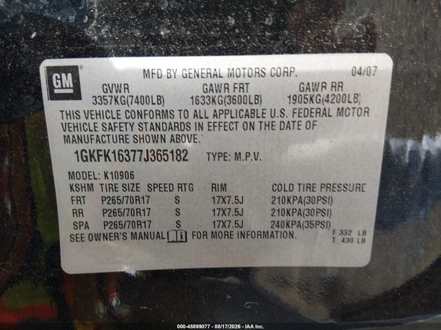 Auction sale of the 2007 Gmc Yukon Xl Slt, vin: 1GKFK16377J365182, lot number: 45899077