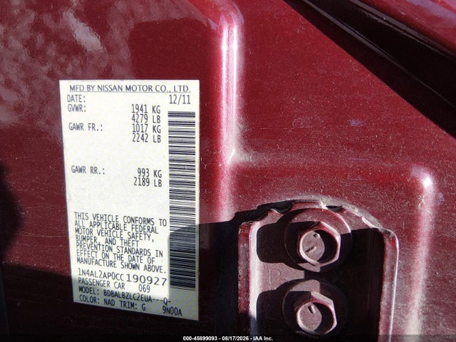 Aukcja sprzedaży 2012 Nissan Altima 2.5 S, vin: 1N4AL2AP0CC190927, numer aukcji: 45899093