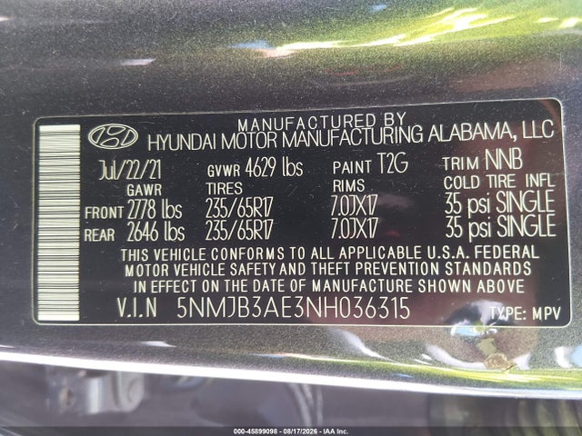 Aukcja sprzedaży 2022 Hyundai Tucson Sel, vin: 5NMJB3AE3NH036315, numer aukcji: 45899098