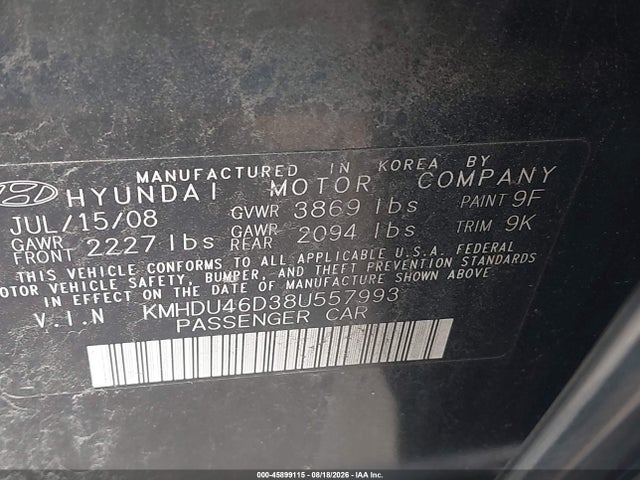 2008 Hyundai Elantra Gls/se მანქანა იყიდება აუქციონზე, vin: KMHDU46D38U557993, აუქციონის ნომერი: 45899115