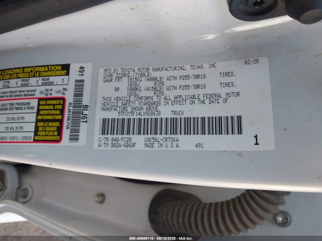 2020 Toyota Tundra Sr5 მანქანა იყიდება აუქციონზე, vin: 5TFUY5F14LX928638, აუქციონის ნომერი: 45899116