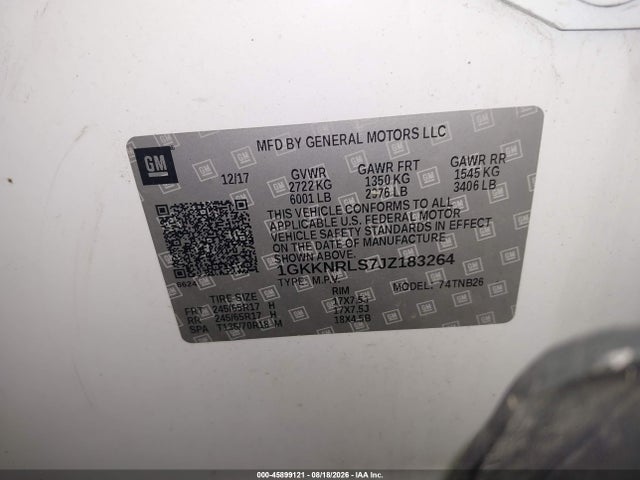 Aukcja sprzedaży 2018 Gmc Acadia Sle-1, vin: 1GKKNRLS7JZ183264, numer aukcji: 45899121
