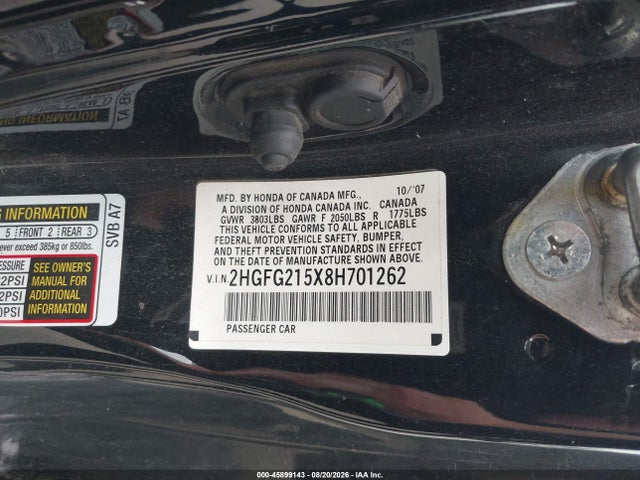 45899143 :رقم المزاد ، 2HGFG215X8H701262 vin ، 2008 Honda Civic Si مزاد بيع
