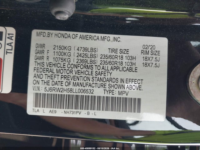 Продажа на аукционе авто 2020 Honda Cr-v Awd Ex, vin: 5J6RW2H58LL006532, номер лота: 45899152