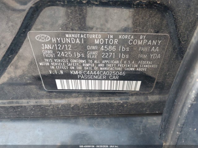 Aukcja sprzedaży 2012 Hyundai Sonata Hybrid, vin: KMHEC4A44CA025046, numer aukcji: 45899156