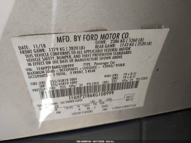 Aukcja sprzedaży 2019 Ford Taurus Limited, vin: 1FAHP2F86KG108999, numer aukcji: 45899160
