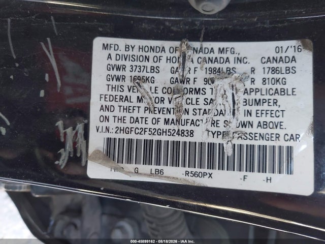 Aukcja sprzedaży 2016 Honda Civic Lx, vin: 2HGFC2F52GH524838, numer aukcji: 45899162