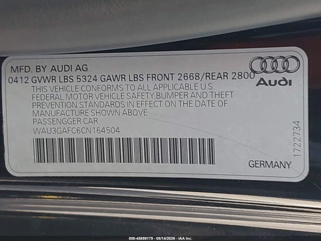 45899179 :رقم المزاد ، WAU3GAFC6CN164504 vin ، 2012 Audi A7 3.0 Prestige مزاد بيع