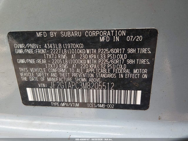 Aukcja sprzedaży 2021 Subaru Crosstrek Premium, vin: JF2GTAPC3M8205512, numer aukcji: 45899187