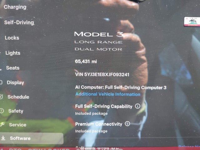 45899189 :رقم المزاد ، 5YJ3E1EBXJF093241 vin ، 2018 Tesla Model 3 Long Range/performance مزاد بيع