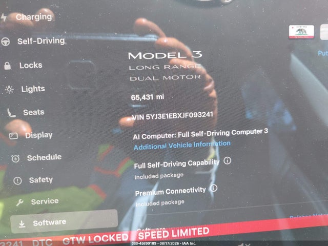 45899189 :رقم المزاد ، 5YJ3E1EBXJF093241 vin ، 2018 Tesla Model 3 Long Range/performance مزاد بيع