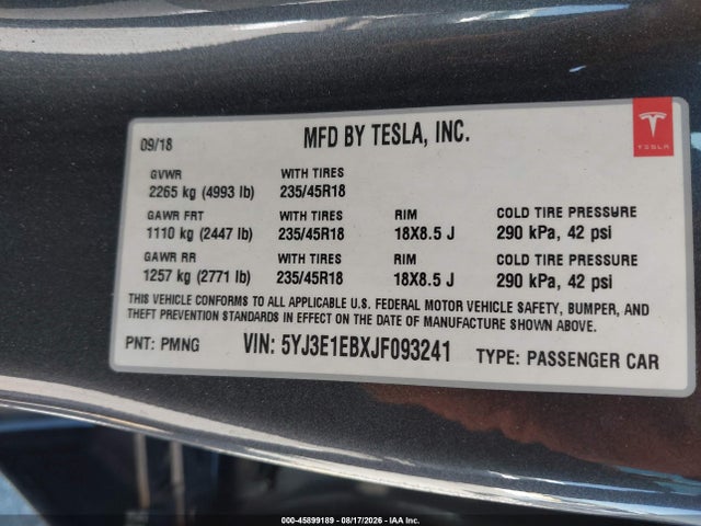 45899189 :رقم المزاد ، 5YJ3E1EBXJF093241 vin ، 2018 Tesla Model 3 Long Range/performance مزاد بيع