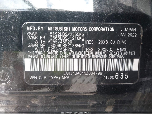45899205 :رقم المزاد ، JA4J4UA84NZ064799 vin ، 2022 Mitsubishi Outlander Black Edition S-awc/se 2.5 S-awc/se Launch Edition S-awc مزاد بيع