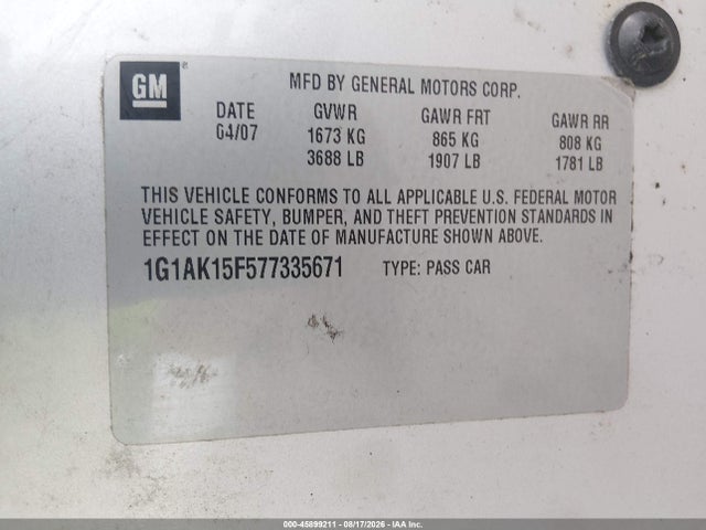 45899211 :رقم المزاد ، 1G1AK15F577335671 vin ، 2007 Chevrolet Cobalt Ls مزاد بيع