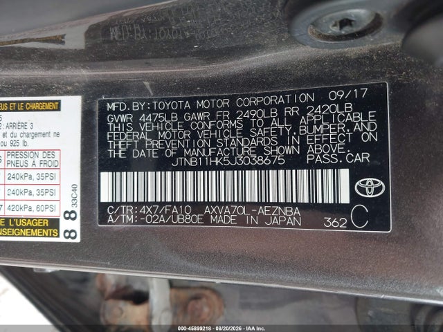 Продаж на аукціоні авто 2018 Toyota Camry Le, vin: JTNB11HK5J3038675, номер лоту: 45899218