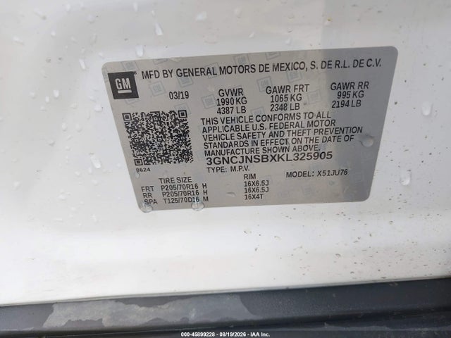 45899228 :رقم المزاد ، 3GNCJNSBXKL325905 vin ، 2019 Chevrolet Trax Ls مزاد بيع