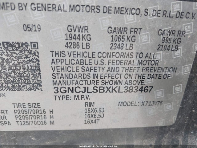 45899234 :رقم المزاد ، 3GNCJLSBXKL383467 vin ، 2019 Chevrolet Trax Lt مزاد بيع