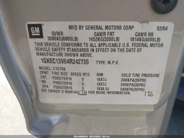 Aukcja sprzedaży 2004 Gmc Yukon Slt, vin: 1GKEC13V64R242730, numer aukcji: 45899245