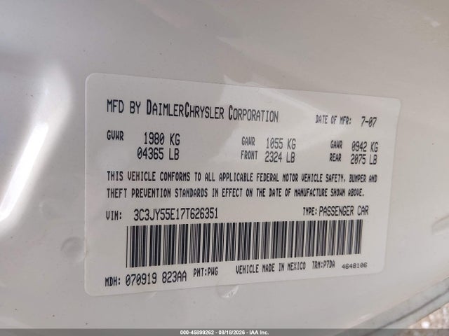 Продаж на аукціоні авто 2007 Chrysler Pt Cruiser Touring, vin: 3C3JY55E17T626351, номер лоту: 45899262