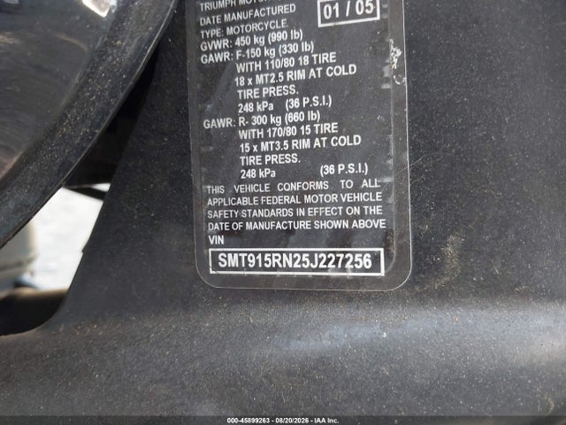 45899263 :رقم المزاد ، SMT915RN25J227256 vin ، 2005 Triumph Motorcycle Speed Master مزاد بيع