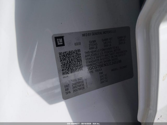 45899277 :رقم المزاد ، 1GCGTBEN3J1245148 vin ، 2018 Chevrolet Colorado Wt مزاد بيع