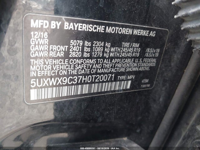 Aukcja sprzedaży 2017 Bmw X3 Xdrive28i, vin: 5UXWX9C37H0T20071, numer aukcji: 45899281