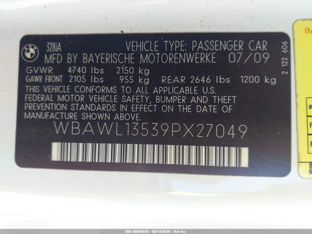 45899285 :رقم المزاد ، WBAWL13539PX27049 vin ، 2009 Bmw 328i مزاد بيع