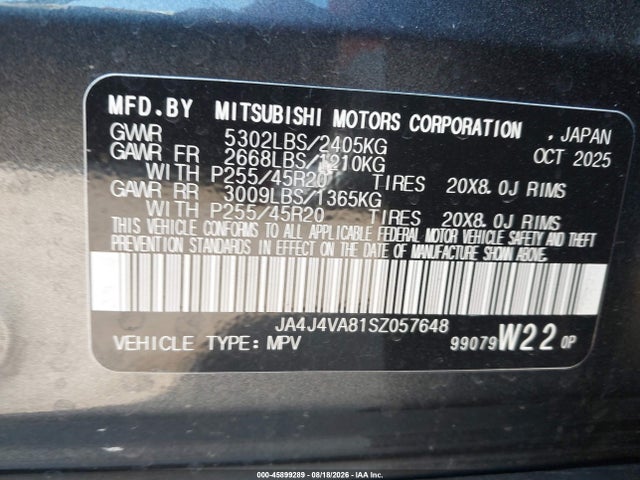 45899289 :رقم المزاد ، JA4J4VA81SZ057648 vin ، 2025 Mitsubishi Outlander Se 2.5 S-awc/trail Edition S-awc مزاد بيع