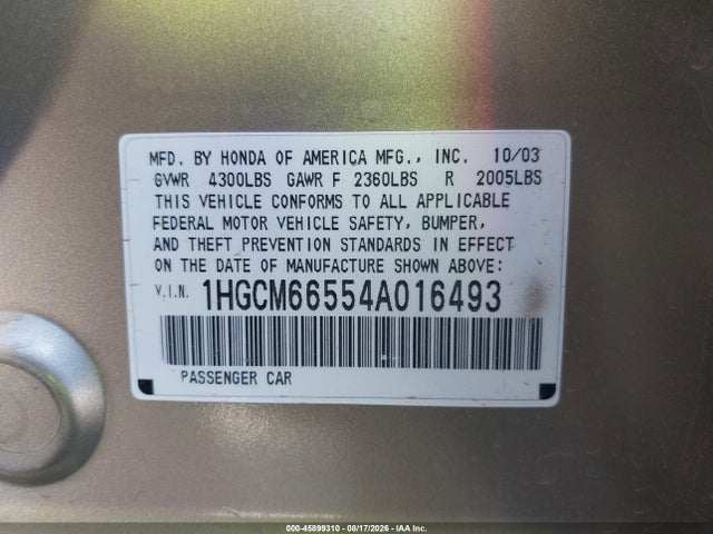 45899310 :رقم المزاد ، 1HGCM66554A016493 vin ، 2004 Honda Accord 3.0 Ex مزاد بيع