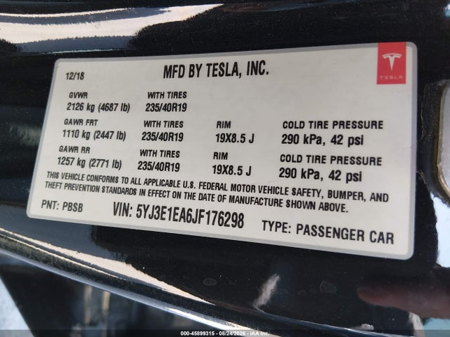 5YJ3E1EA6JF176298 Tesla Model 3 Long Range/mid Range