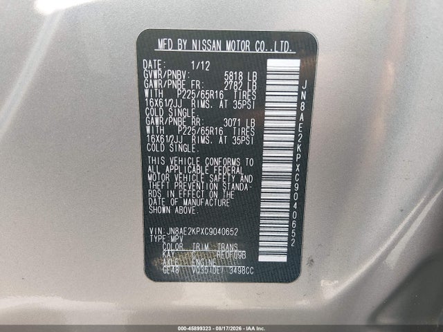Продаж на аукціоні авто 2012 Nissan Quest S, vin: JN8AE2KPXC9040652, номер лоту: 45899323