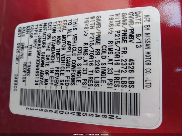 45899331 :رقم المزاد ، JN8AS5MV0DW665134 vin ، 2013 Nissan Rogue S مزاد بيع
