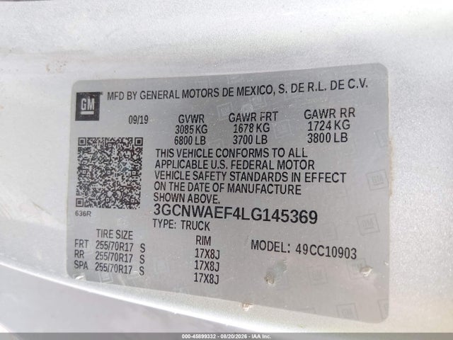 Продаж на аукціоні авто 2020 Chevrolet Silverado 1500 2wd  Long Bed Wt, vin: 3GCNWAEF4LG145369, номер лоту: 45899332