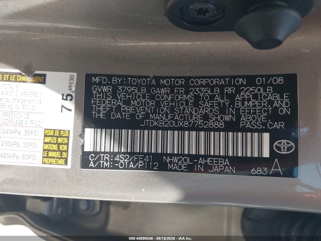 Продаж на аукціоні авто 2008 Toyota Prius, vin: JTDKB20UX87752888, номер лоту: 45899346