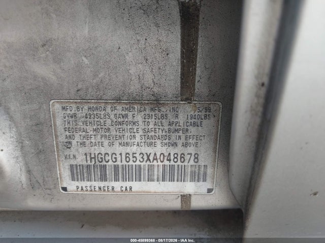 45899368 :رقم المزاد ، 1hgcg1653xa048678 vin ، 1999 Honda Accord Ex V6 مزاد بيع
