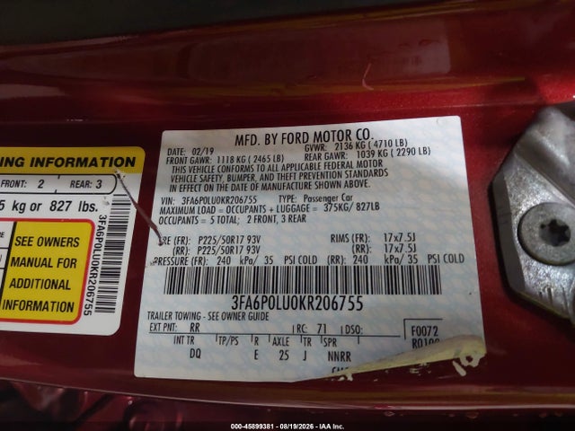 Ford Fusion Hybrid Se 2019 3FA6P0LU0KR206755 Image 9