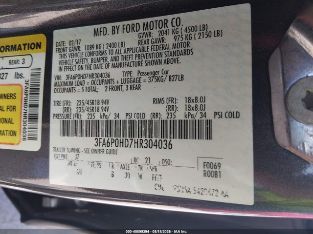 Продажа на аукционе авто 2017 Ford Fusion Se, vin: 3FA6P0HD7HR304036, номер лота: 45899394