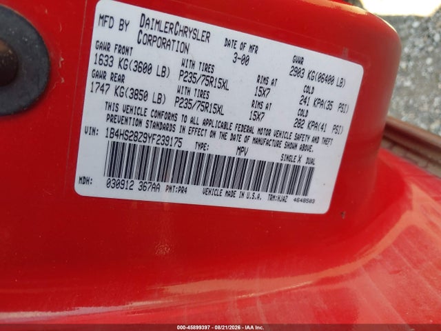 45899397 :رقم المزاد ، 1B4HS28Z9YF239175 vin ، 2000 Dodge Durango مزاد بيع