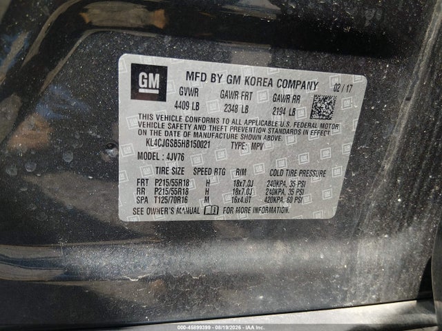 2017 Buick Encore Essence მანქანა იყიდება აუქციონზე, vin: KL4CJGSB5HB150021, აუქციონის ნომერი: 45899399