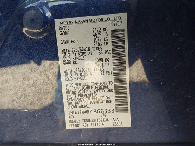 45899404 :رقم المزاد ، 5N1AT2MV0HC866333 vin ، 2017 Nissan Rogue Sl مزاد بيع
