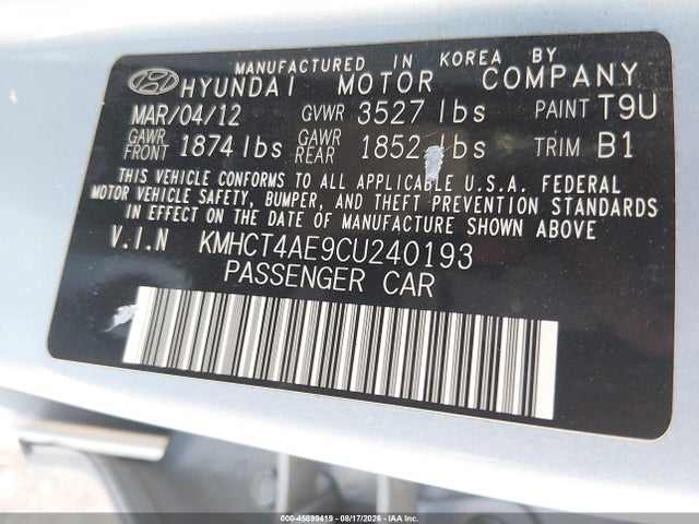 Aukcja sprzedaży 2012 Hyundai Accent Gls, vin: KMHCT4AE9CU240193, numer aukcji: 45899419