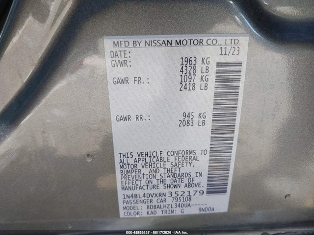 Продаж на аукціоні авто 2024 Nissan Altima Sv Fwd, vin: 1N4BL4DVXRN352179, номер лоту: 45899437
