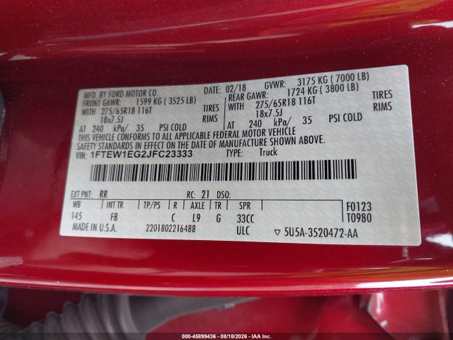 45899436 :رقم المزاد ، 1FTEW1EG2JFC23333 vin ، 2018 Ford F-150 Xlt مزاد بيع